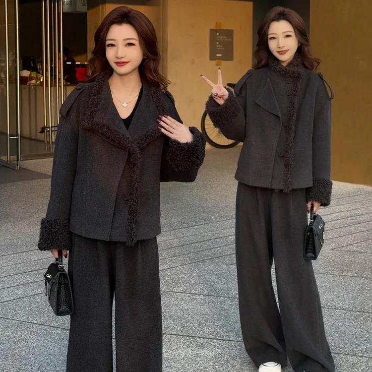 时尚毛呢套装女2025冬季新款洋气大翻领加棉毛呢外套阔腿裤两件套