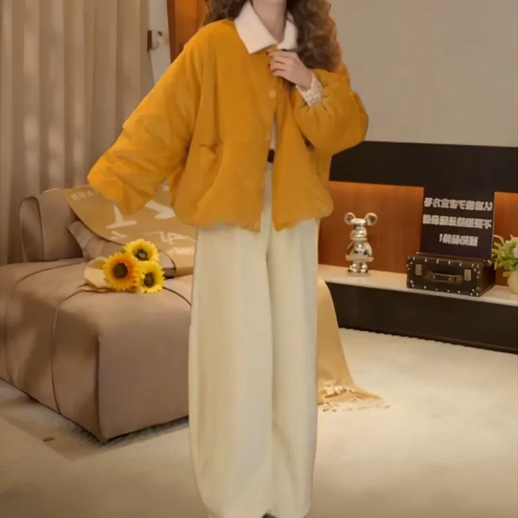 秋冬复古慵懒套装女冬加厚保暖棉服外套翻领衬衫上衣休闲裤三件套