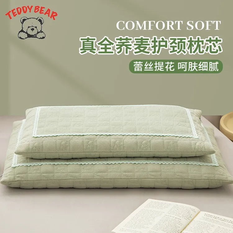 泰迪熊新款蕾丝提花全荞麦枕学生宿舍单人枕头家用成人护颈枕芯