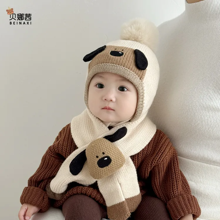 Beinaqian/贝娜茜婴儿帽子秋冬季宝宝针织帽婴幼儿保暖护耳帽围巾
