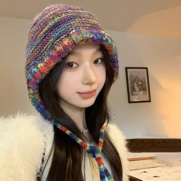 甜美彩虹渐变多巴胺毛线帽子女秋冬季款显脸小保暖针织帽雷锋帽潮