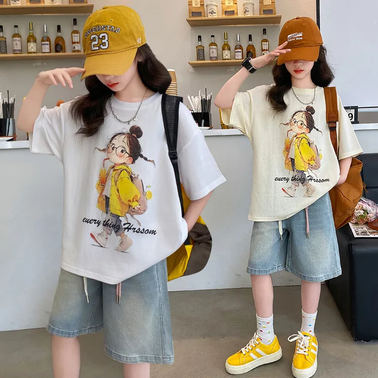 女童夏季短袖中裤套装2025新款儿童洋气韩版宽松休闲两件套中大童