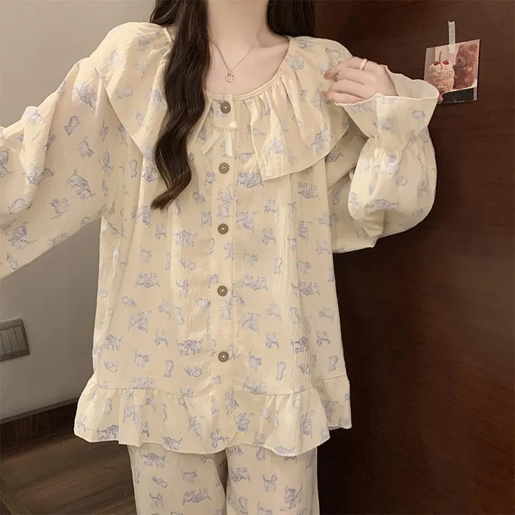 奶油猫咪秋季新款娃娃领云朵棉女款长袖长裤睡衣套装宽松家居服套