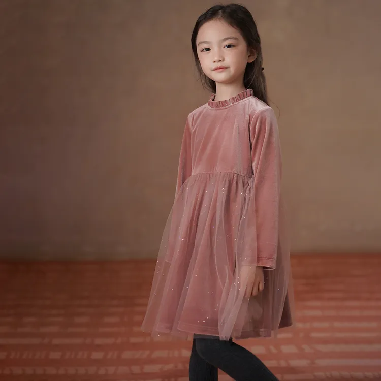 哈齿童装冬季儿童连衣裙加绒保暖甜美粉色宝宝丝绒裙女童中长纱裙