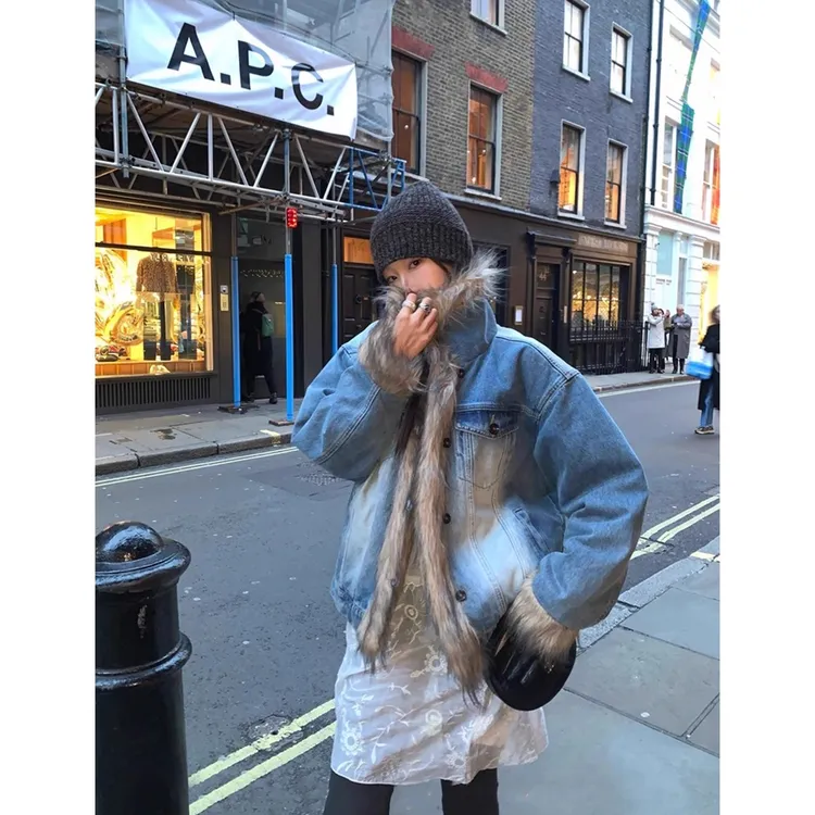 美式时髦街头风水洗做旧牛仔外套女秋冬短款毛领夹棉宽松外套上衣