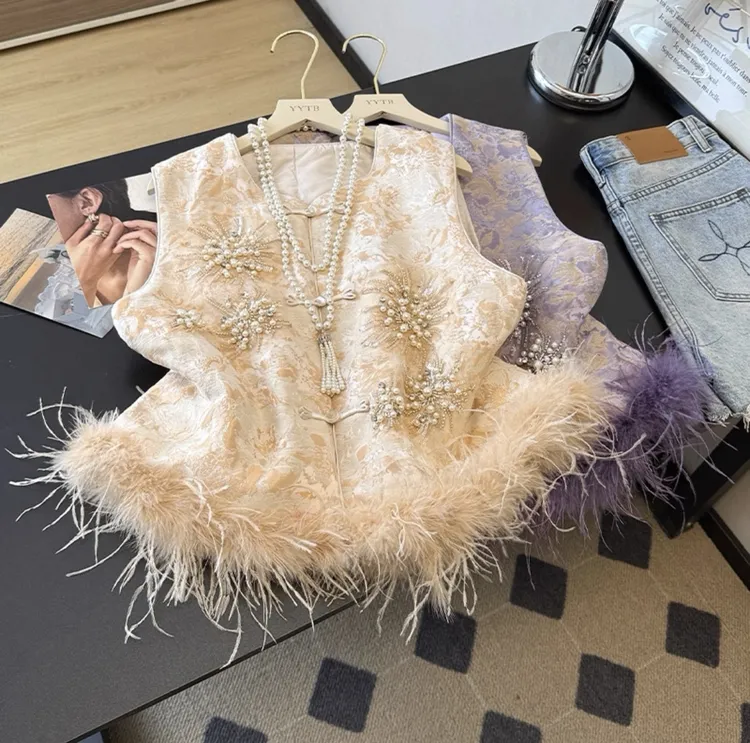 【加棉加厚+毛毛可拆卸】新中式重工提花钉珠拼接鸵鸟毛马甲