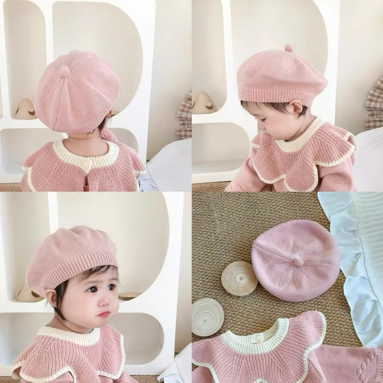 开春婴儿帽子韩系贝雷帽棉线春秋针织帽女童可爱毛线帽婴童画家帽