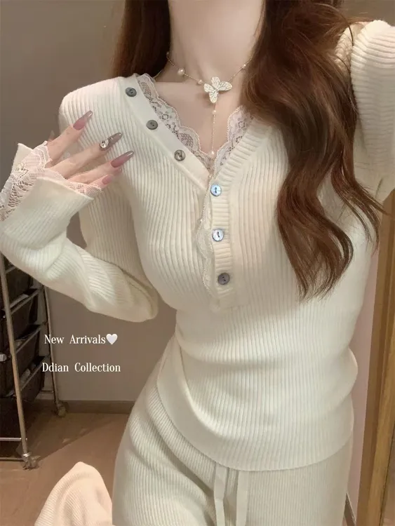 蕾丝花边V领拼接针织衫修身显瘦温柔百搭日常好穿