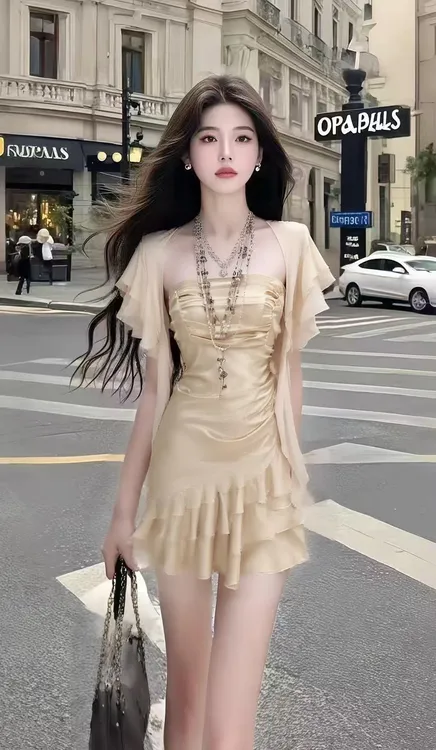 轻奢高端大气时尚杏色一字肩抹胸不规则设计连衣裙+杏色百搭开衫