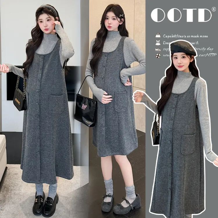 孕妇套装2025新款秋冬毛呢孕妇背心裙两件套休闲时尚外穿孕妇装