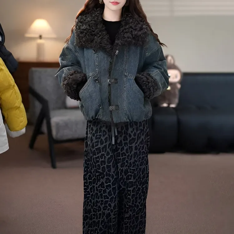 复古牛仔派克加厚棉服女2025冬季新款宽松显瘦设计感保暖毛毛外套