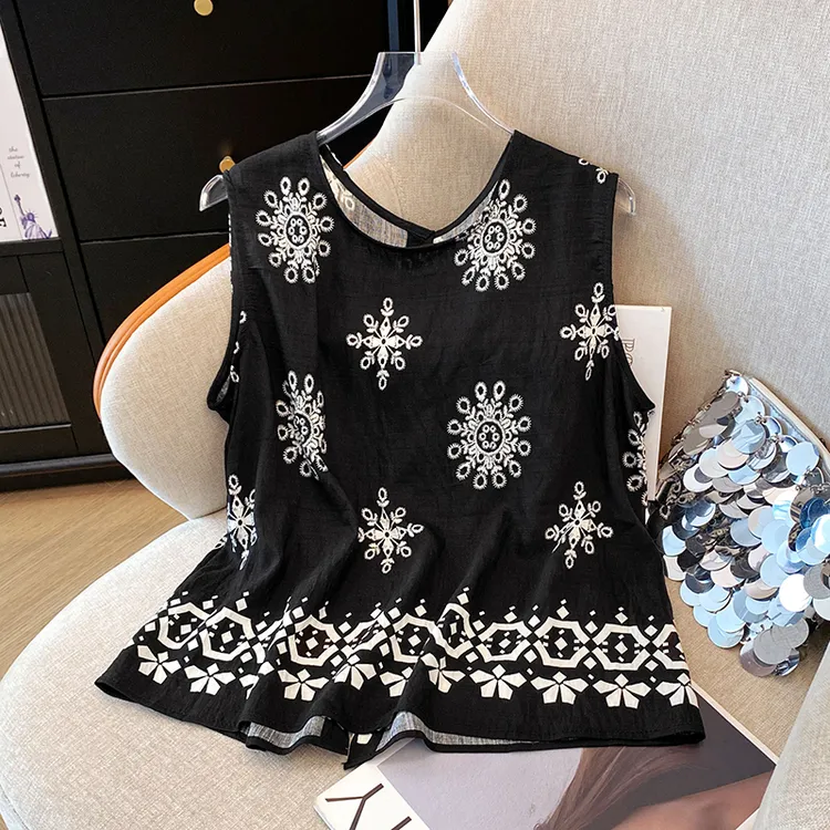 名族风印花无袖衬衫女夏2025宽松薄款小众设计感圆领洋气小衫上衣