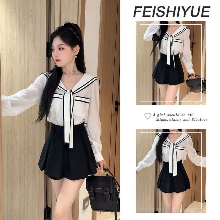 超火早秋穿搭新款套装女2025设计感法式飘带海军领上衣裙裤两件套