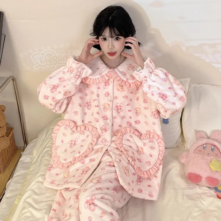 秋冬季新款加绒加厚睡衣女珊瑚绒法兰绒卡通可爱公主风家居服套装