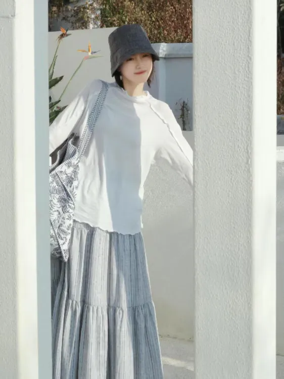 波浪花边小高领柔软百搭宽松打底长袖T恤2025春季新款半身裙套装