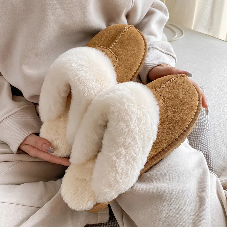 【千颂伊同款】冬季皮毛一体加绒加厚真牛皮防滑牛筋底包头拖平底