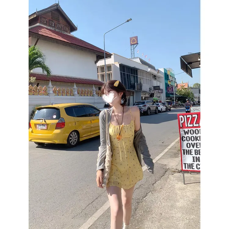 FRVXO【芝士奶芙】碎花吊带连衣裙春辣妹短/长款裙子开衫上衣两件套