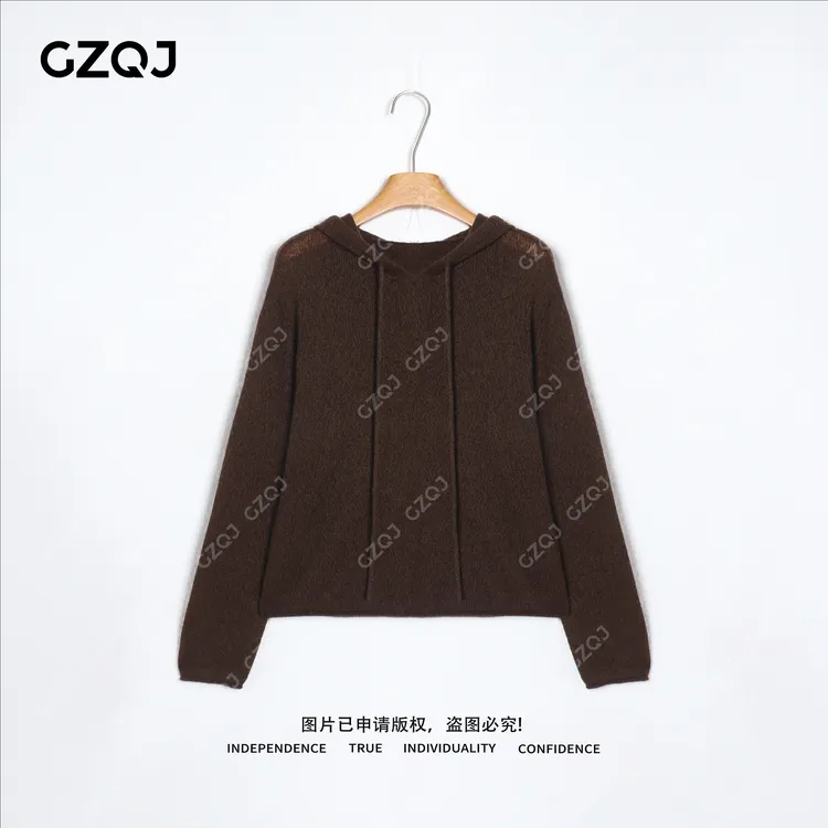 老琴私服【秋日奶咖】琥珀流光风丝羊绒显瘦连帽毛衣针织衫女秋6052