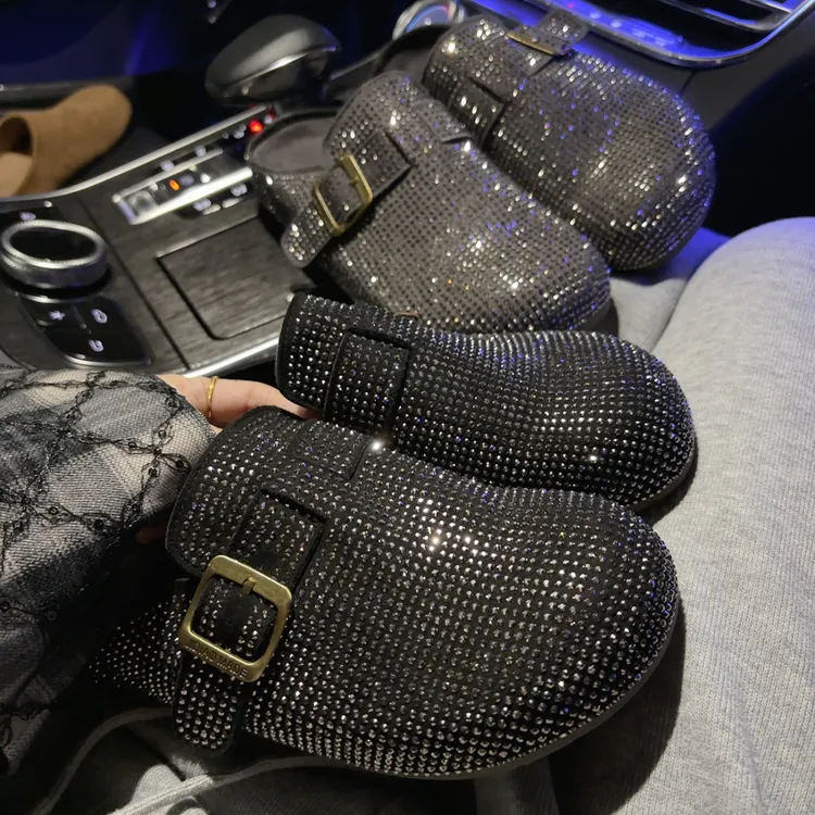 皮带扣休闲钻平跟包头包头拖厚底时尚亮钻加绒高跟平底