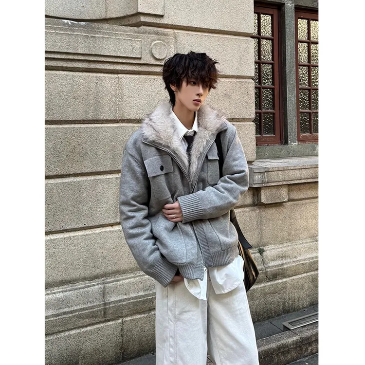 座山雕毛领毛衣外套男冬季加厚保暖针织棉衣美式高街工装夹克棉服