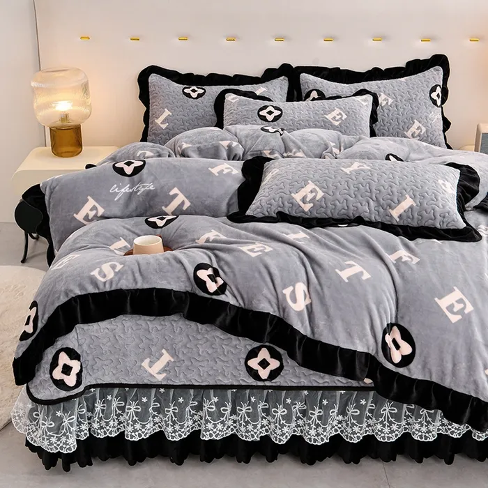 冬季加厚牛奶绒夹棉床盖四件套韩版蕾丝花边床上用品加绒双面绒