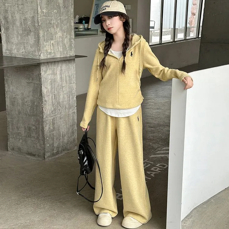 女童春秋休闲套装新款中大童糯米绒假两件连帽卫衣阔腿裤两件套潮