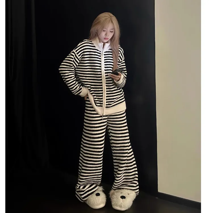 韩版高级感条纹撞色针织睡衣女秋冬季款加厚保暖家居服套装可外穿