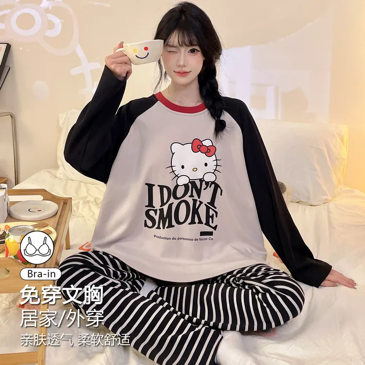kt猫睡衣女款爆款2025新款长袖带胸垫春秋季可外穿高颜值家居服冬