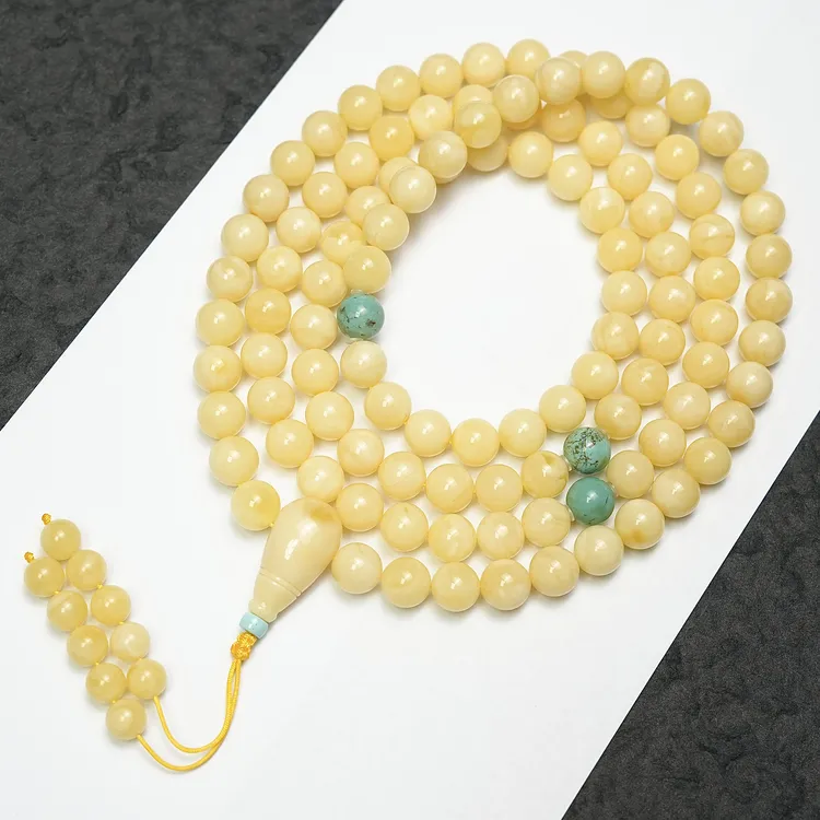 浓白花蜜蜡念珠108佛珠9+mm俄料精选奶黄白蜡原矿真品纯天然100%