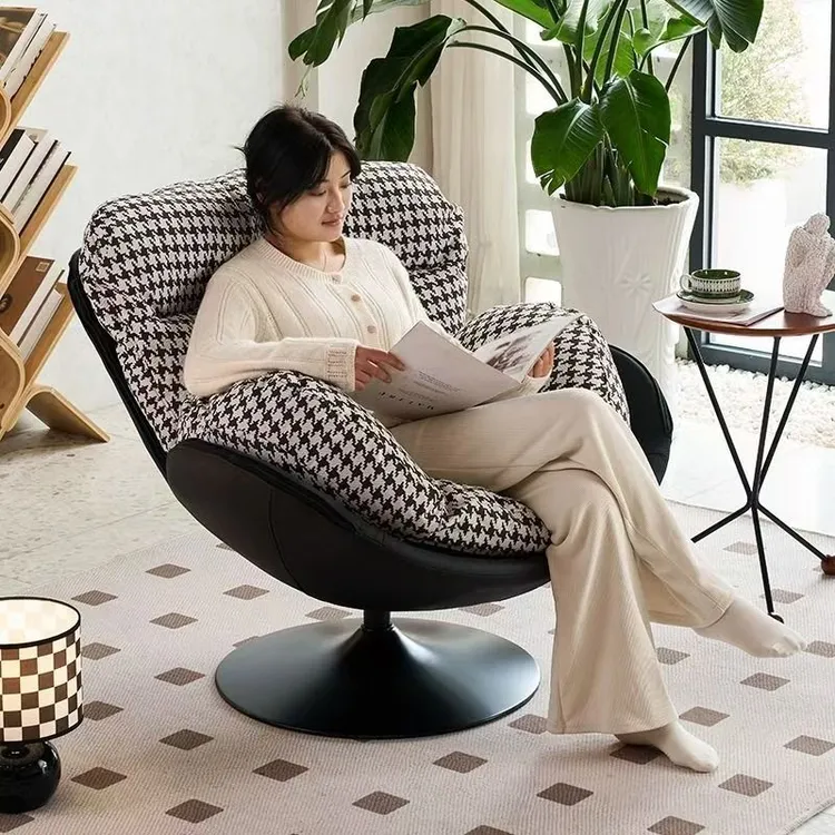 现代单人蛋壳沙发椅千鸟格麻布家用懒人沙发休闲复古可旋转沙发椅