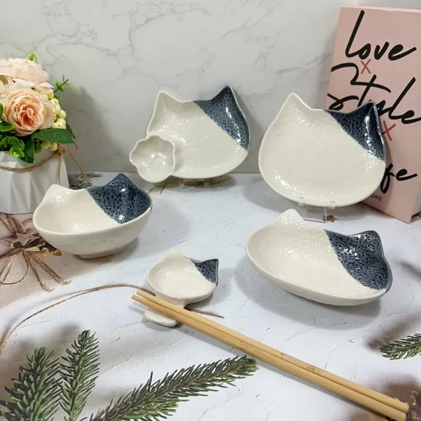 石纹质感可爱猫咪高温釉下彩碗盘碟日用陶瓷套装外贸尾单数量有限