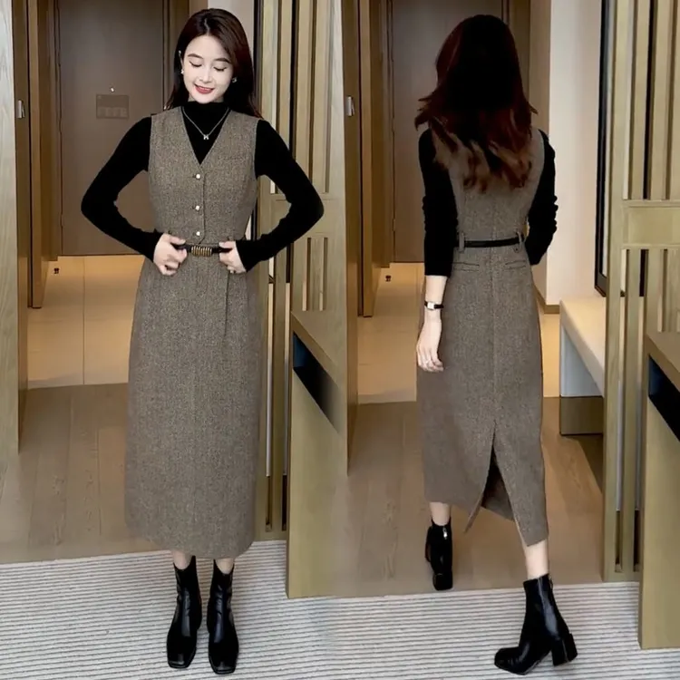 拉夏贝尔秋冬新款时尚套装小香风打底上衣高级感连衣裙两件套装