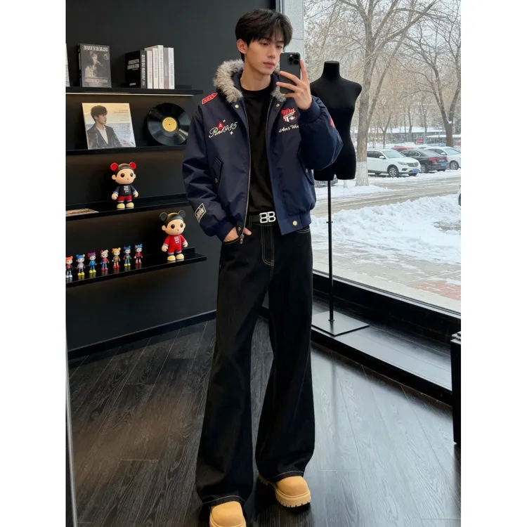 美式复古刺绣徽章座山雕棉衣外套男女情侣冬季皮衣保暖棉服夹克