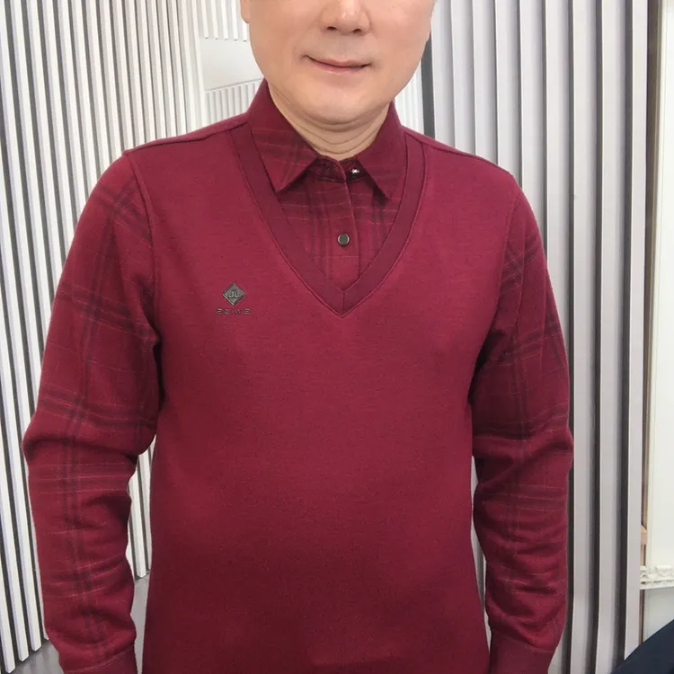 爸爸的新品酒红色加绒加厚假两件秋冬翻领商务休闲衫7689武）