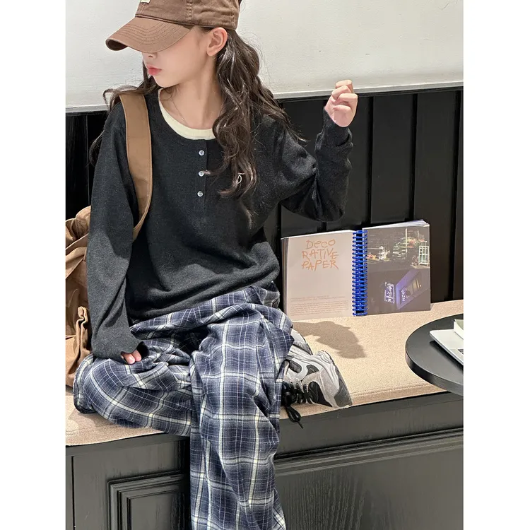 K29662孙小美假两件女童毛衣2025秋装新款儿童上衣针织衫大童衣服