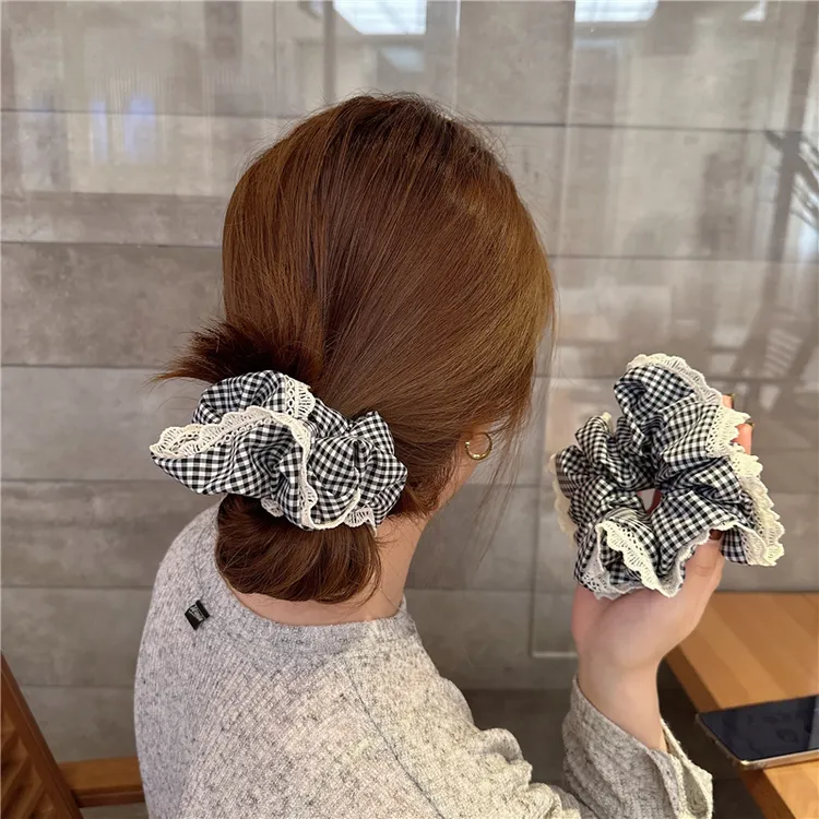 东大门同款黑白格大肠发圈女蕾丝边网红少女皱褶发圈个性丸子头绳