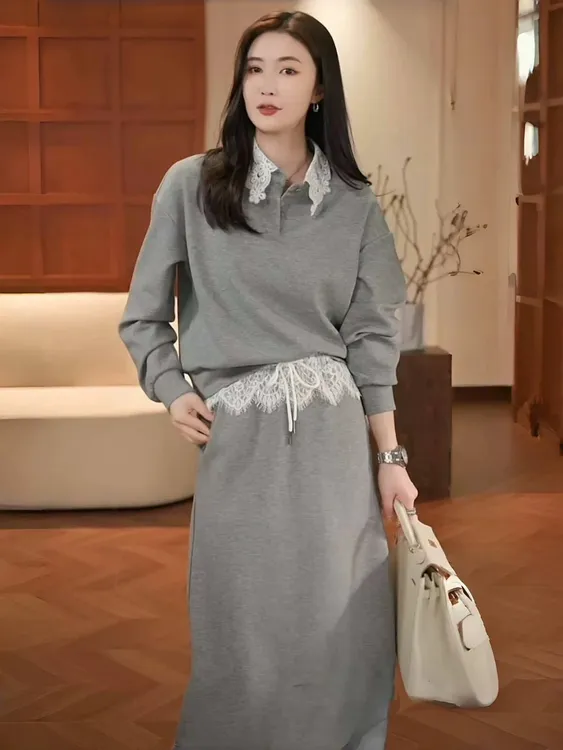 2025春季新款拼接蕾丝钩花polo翻领拼接半开扣卫衣半身裙两件套女