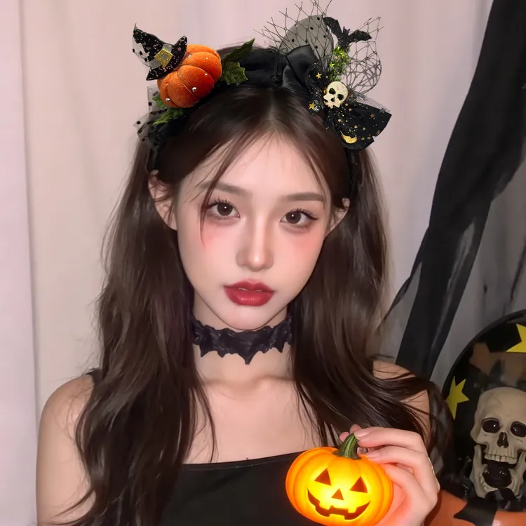 搞怪可爱南瓜头发箍女万圣节cos道具骷髅蝴蝶结头箍聚会派对发饰
