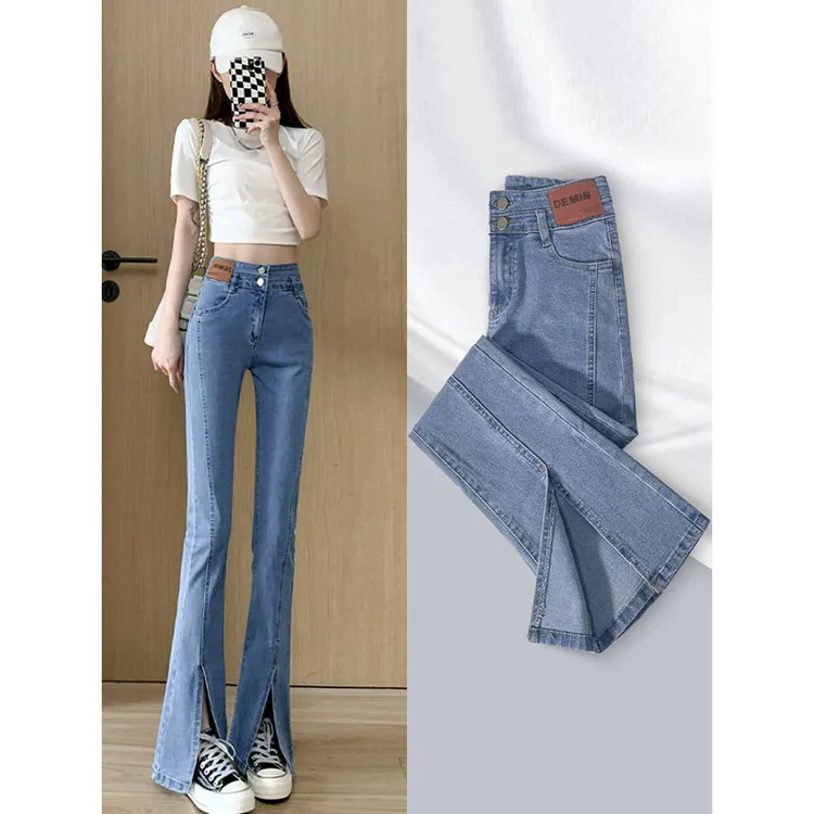 B开叉牛仔裤女春夏2025年春秋新款高腰显瘦开衩拖地微喇叭裤子