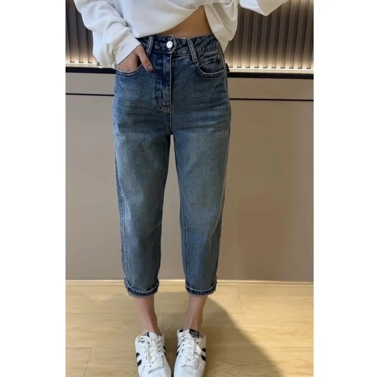 2025年秋季新款大码弹力哈伦牛仔裤女小个子穿搭显瘦九分老爹裤女