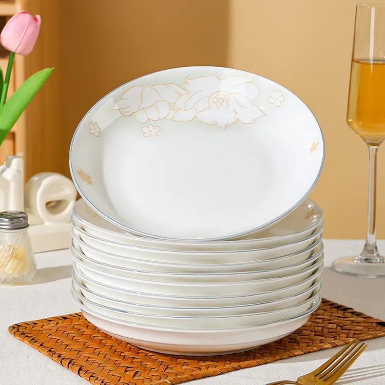 10个装菜盘子家用陶瓷圆盘子加深盘高颜值炒菜凉菜新款餐盘碟子