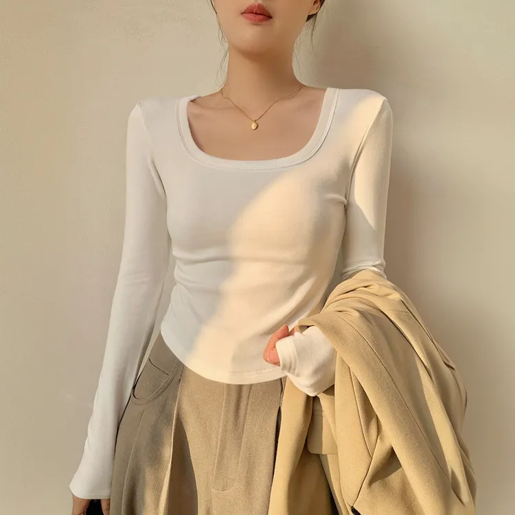 白色方领长袖t恤女2025春秋内搭短款打底衫可外穿U领弹力小衫上衣