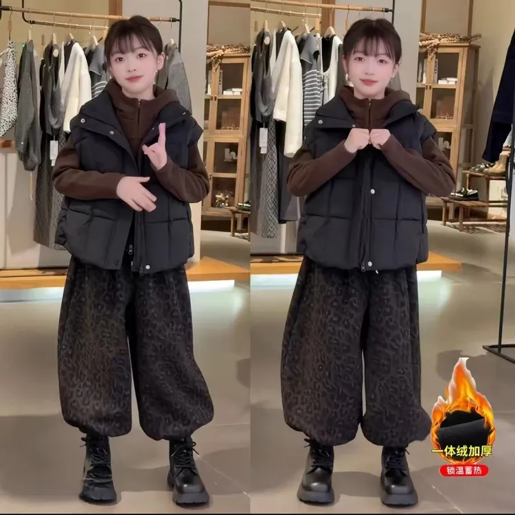 女童秋冬款棉马甲套装2025新款中大童洋气加绒卫衣豹纹裤三件套潮