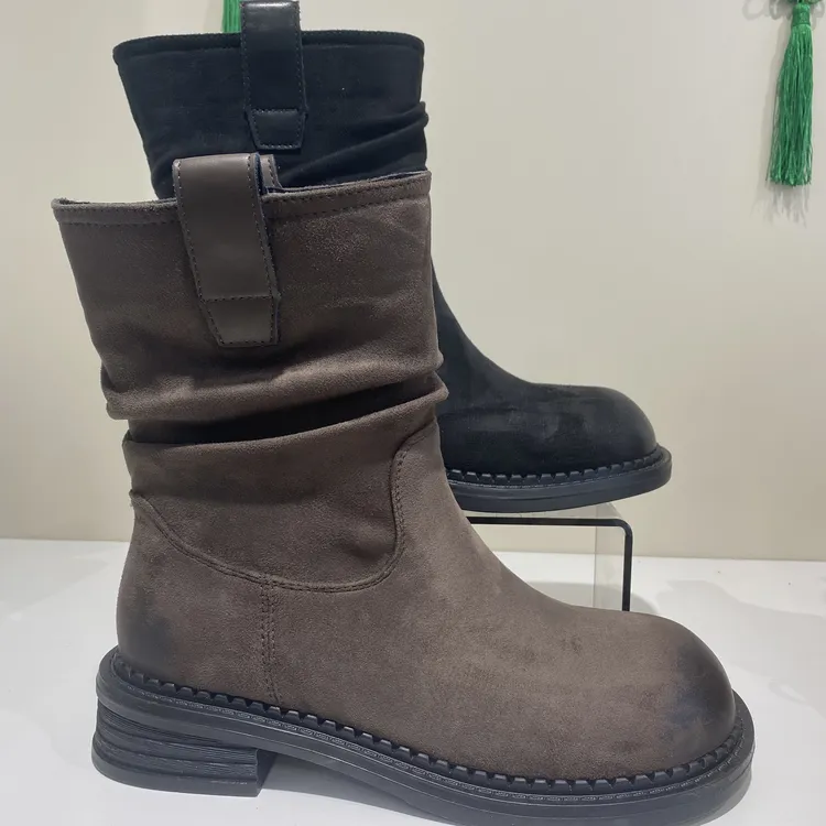 6730【25秋冬新品】美拉德加绒平底手工打腊鞋头短靴