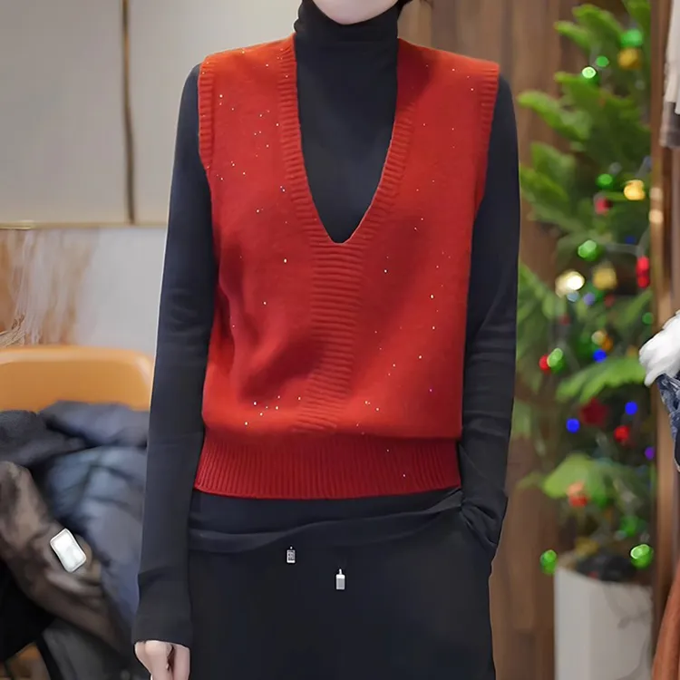 2025冬季新款V领针织马甲女韩系设计感亮片宽松气质百搭无袖上衣