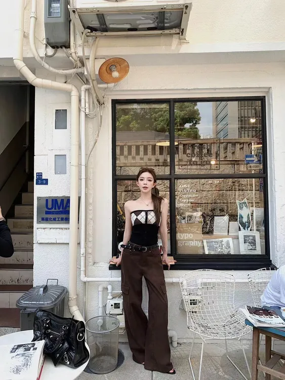 韩系辣妹风性感格纹抹胸背心女外穿无袖上衣美式复古休闲裤两件套