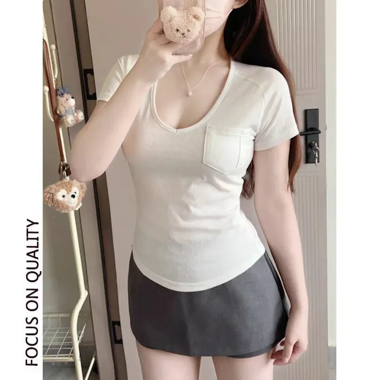 纯欲低V领短袖t恤女夏新款性感直播显身材口袋茶艺白色上衣V9809