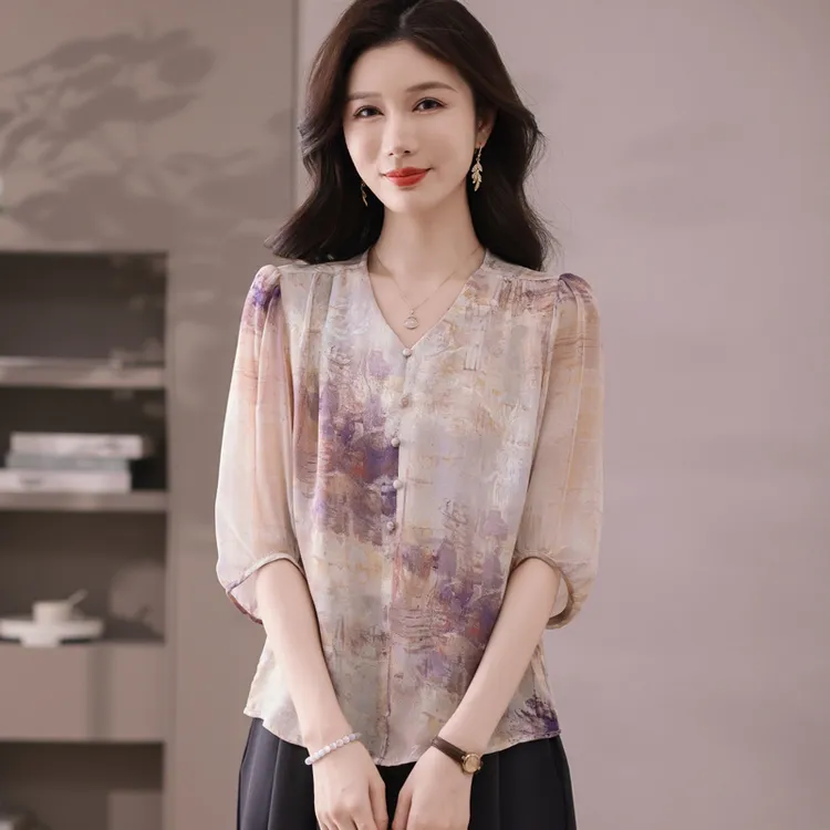 2025新款中袖衬衫夏季宽松遮肉薄款洋气印花国风中年妈妈小衫上衣