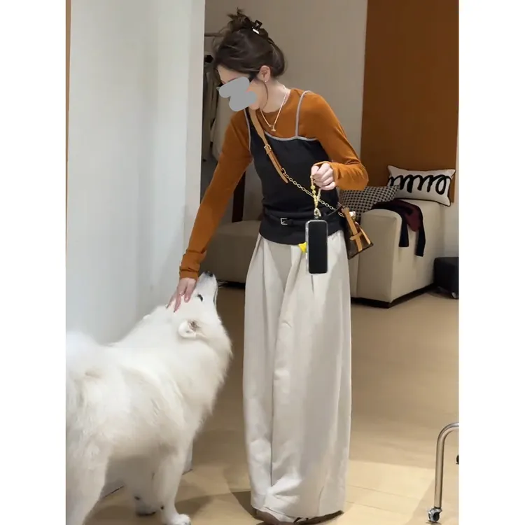 网红洋气炸街套装女2025春秋新款假两件收腰针织长袖阔腿裤两件套