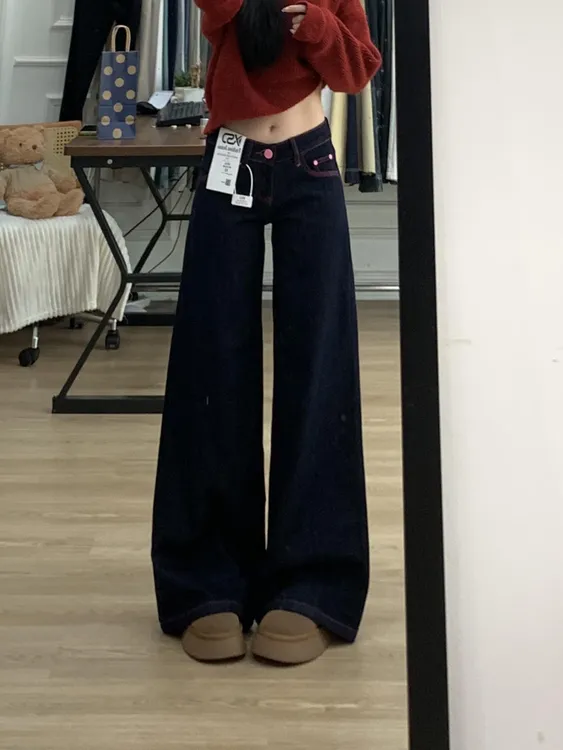 美式复古原牛色阔腿牛仔裤女秋冬加绒宽松显瘦设计感撞色直筒裤子